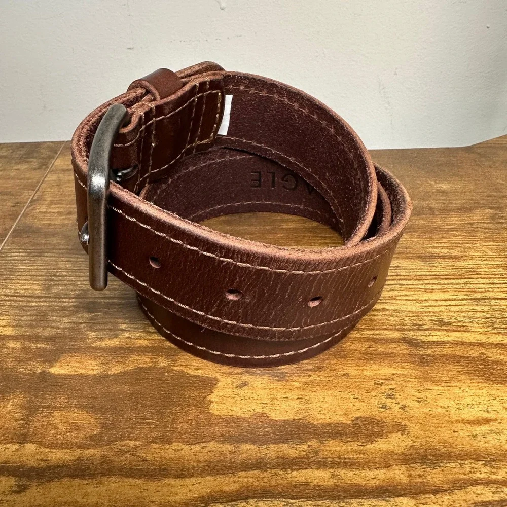 American Eagle Mens Brown Genuine Leather Belt Contrast Stitch Metal Buckle
